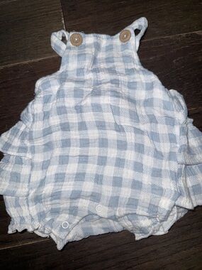 Blue and White Gingham Diaper Cover Romper with Ruffle Straps